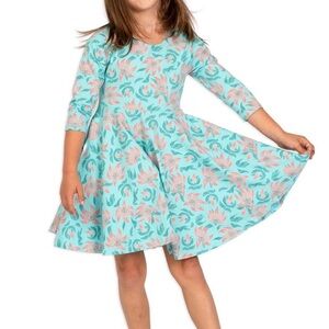 Mightly Blue Organic Cotton 3/4 Sleeve Twirl Design Dress Pockets Tiger Lily LG